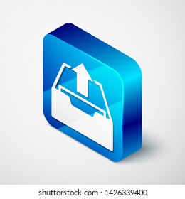 Isometric Upload inbox icon isolated on white background. Extract files from archive. Blue square button. Vector Illustration