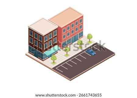 Isometric urban building elements. Multi-story apartment and office buildings with red brick facade. Parking lot with marked spaces. Trees and landscaping. City block design. Vector illustration.