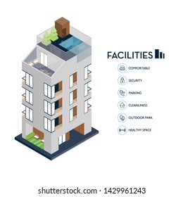 Isometric urban building. Icon facilities for condominium.