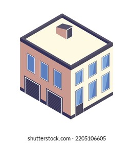 Isometric Urban Building With Two Garage Doors 3d Vector Illustration