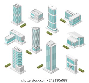 Isometric urban city buildings. Isolated skyscrapers, modern apartment building and private houses. Social and public architecture, flawless vector clipart