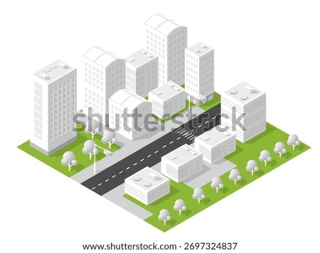 Isometric urban city plan with modern buildings, green areas, and street network on a white background