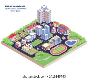 Isometric urban composition with modern city district landscape with low-rise buildings green zones and stadium vector illustration