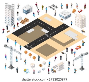 Isometric urban elements set with buildings, vehicles, people, roads, and trees creating a cityscape for infrastructure design