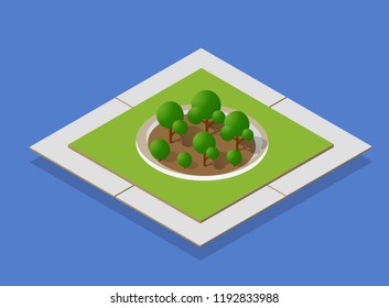 Isometric urban environment in a park with a flower bed