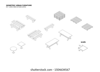 Isometric urban furniture outdoor tables and seats outline kit 2