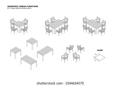 Isometric urban furniture outdoor tables and seats outline kit 3