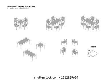 Isometric urban furniture outdoor tables and seats outline kit 4