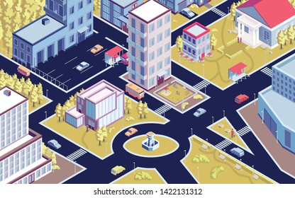 Isometric urban horizontal composition with birds eye view of modern city district with streets and buildings vector illustration