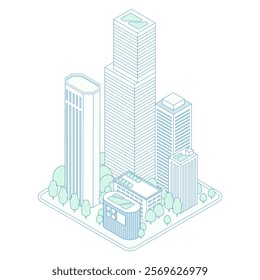 Isometric urban illustration. Greened urban landscape with skyscrapers and commercial buildings.