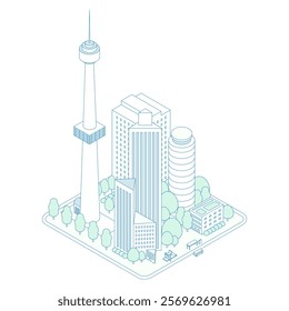 Isometric urban illustration. Greened urban landscape with skyscrapers and commercial buildings. A tourist attraction with towers.