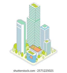 Isometric urban illustration. Greened urban landscape with skyscrapers and commercial buildings.