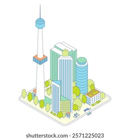 Isometric urban illustration. Greened urban landscape with skyscrapers and commercial buildings. A tourist attraction with towers.