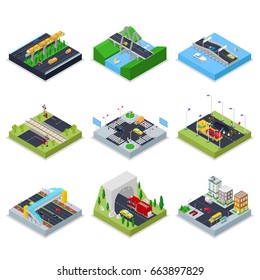 Isometric Urban Infrastructure with Roads, Crossroad, Cars and Bridge. City Traffic. Vector flat 3d illustration