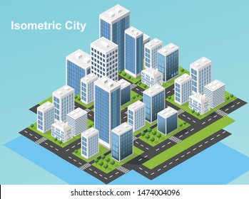 Isometric urban megalopolis top view of the city infrastructure town, street, houses, architecture 3d elements different buildings