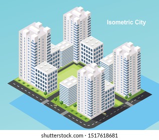 Isometric urban megalopolis top view of the city infrastructure town, street, houses, architecture 3d elements different buildings