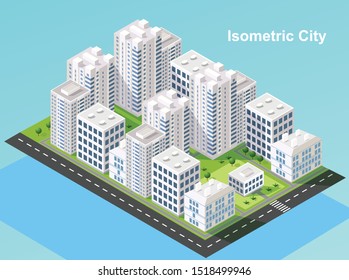 Isometric urban megalopolis top view of the city infrastructure town, street, houses, architecture 3d elements different buildings