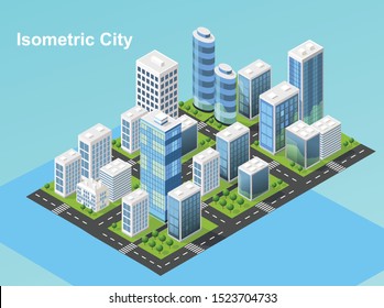 Isometric urban megalopolis top view of the city infrastructure town, street, houses, architecture 3d elements different buildings. Vector office and metropolis concept.