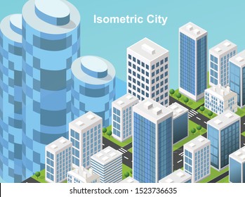 Isometric urban megalopolis top view of the city infrastructure town, street, houses, architecture 3d elements different buildings, with a playground. Vector office and metropolis concept.