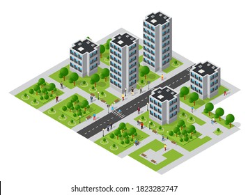 Isometric urban megalopolis top view of the city infrastructure town, street modern, real structure, architecture 3d elements different buildings