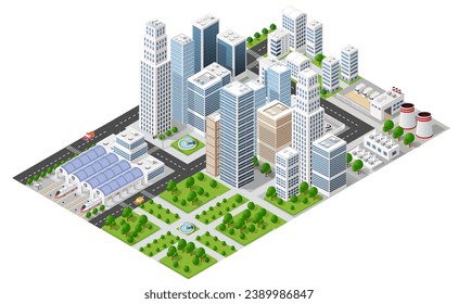 Isometric urban megalopolis top view of the city infrastructure town, street modern, real structure, architecture 3d elements different buildings