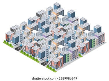 Isometric urban megalopolis top view of the city infrastructure town, street modern, real structure, architecture 3d elements different buildings