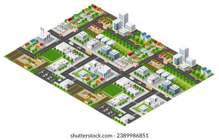 Isometric urban megalopolis top view of the city infrastructure town, street modern, real structure, architecture 3d elements different buildings