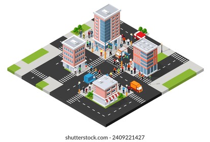 Isometric urban megalopolis top view of the city infrastructure town, street modern, real structure, architecture 3d elements different buildings