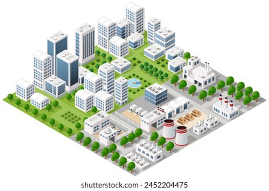 Isometric urban megalopolis top view of the city infrastructure town, street modern, real structure, architecture 3d illustration elements different buildings