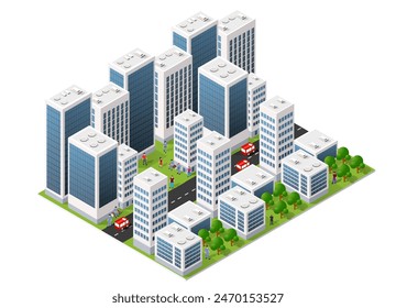 Isometric urban megalopolis top view of the city infrastructure town, street modern, real structure, architecture 3d elements different buildings