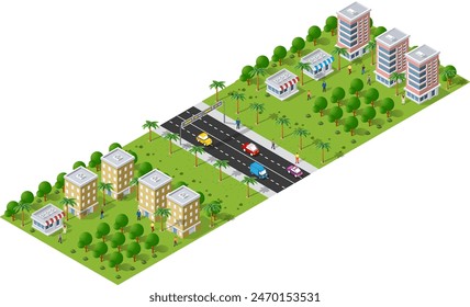 Isometric urban megalopolis top view of the city infrastructure town, street modern, real structure, architecture 3d elements different buildings