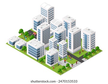 Isometric urban megalopolis top view of the city infrastructure town, street modern, real structure, architecture 3d elements different buildings