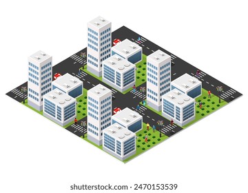 Isometric urban megalopolis top view of the city infrastructure town, street modern, real structure, architecture 3d elements different buildings