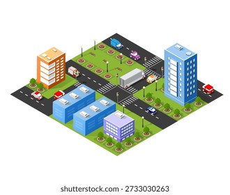 Isometric urban megalopolis top view of the city infrastructure town, street modern, real structure, architecture 3d illustration elements different buildings
