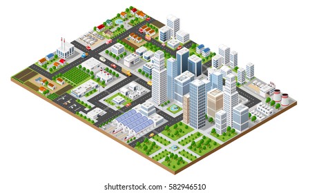 Isometric Urban Megalopolis Top View Of The City Infrastructure Town, Street Modern, Real Structure, Architecture 3d Elements Different Buildings
