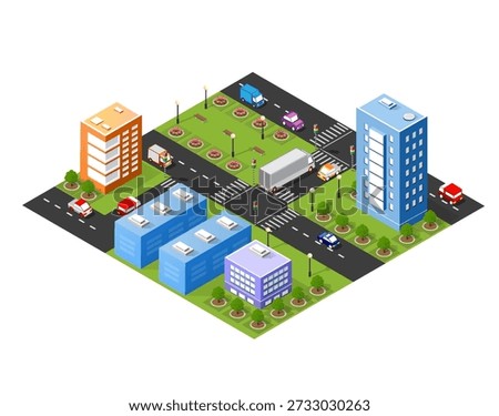 Isometric urban megalopolis top view of the city infrastructure town, street modern, real structure, architecture 3d illustration elements different buildings