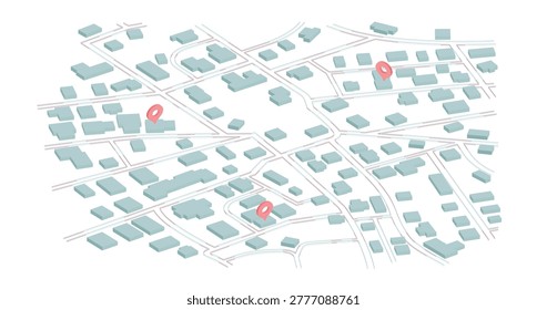 Isometric urban plan with simple building blocks and three red location markers