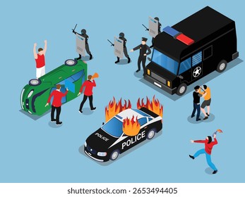 Isometric Urban Riot Scene with Protesters, Burning Police Car, and Law Enforcement Officers 3d vector illustration