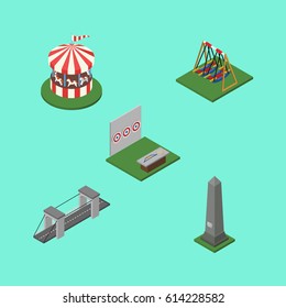 Isometric Urban Set Of Aiming Game, Seesaw, Highway And Other Vector Objects. Also Includes Aiming, Washington, Seesaw Elements.