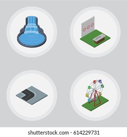 Isometric Urban Set Of Aiming Game, Turning Road, Garden Decor And Other Vector Objects. Also Includes Fountain, Attraction, Turn Elements.