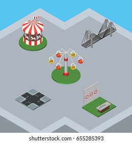 Isometric Urban Set Of Aiming Game, Bridge, Carousel And Other Vector Objects. Also Includes Bridge, Crossroad, Carousel Elements.