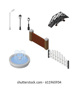 Isometric Urban Set Of Barrier, Expressway, Barricade And Other Vector Objects. Also Includes Brick, Fountain, Water Elements.