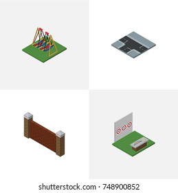 Isometric Urban Set Of Barrier, Seesaw, Crossroad And Other Vector Objects. Also Includes Way, Archery, Game Elements.