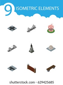 Isometric Urban Set Of Bench, Barrier, Sculpture And Other Vector Objects. Also Includes Carousel, Statue, Park Elements.