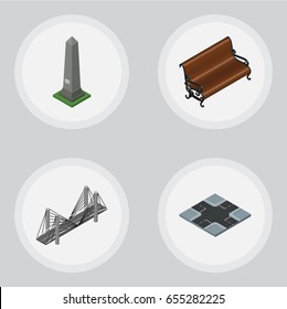 Isometric Urban Set Of Bridge, Dc Memorial, Sitting And Other Vector Objects. Also Includes Seat, Bench, Crossroad Elements.