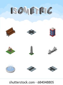 Isometric Urban Set Of Bridge, Sitting, Intersection And Other Vector Objects. Also Includes Monument, Phone, Dc Elements.