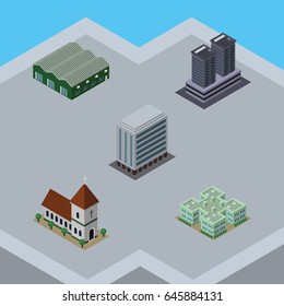 Isometric Urban Set Of Chapel, Tower, Office And Other Vector Objects. Also Includes Hospital, Church, House Elements.