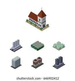Isometric Urban Set Of Chapel, Tower, Clinic And Other Vector Objects. Also Includes Office, Tank, Warehouse Elements.