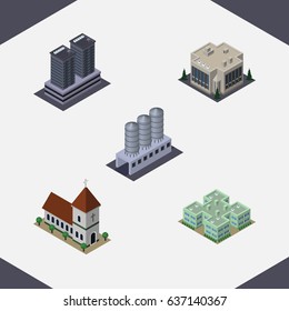 Isometric Urban Set Of Clinic, Company, Chapel And Other Vector Objects. Also Includes Office, Tank, Storage Elements.