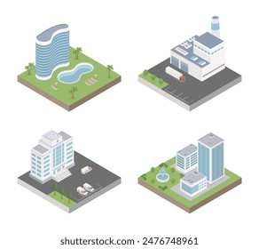 Isometric Urban Set Of Company, House, Office And Other Vector Objects. Also Includes Home, Hospital, Factory.